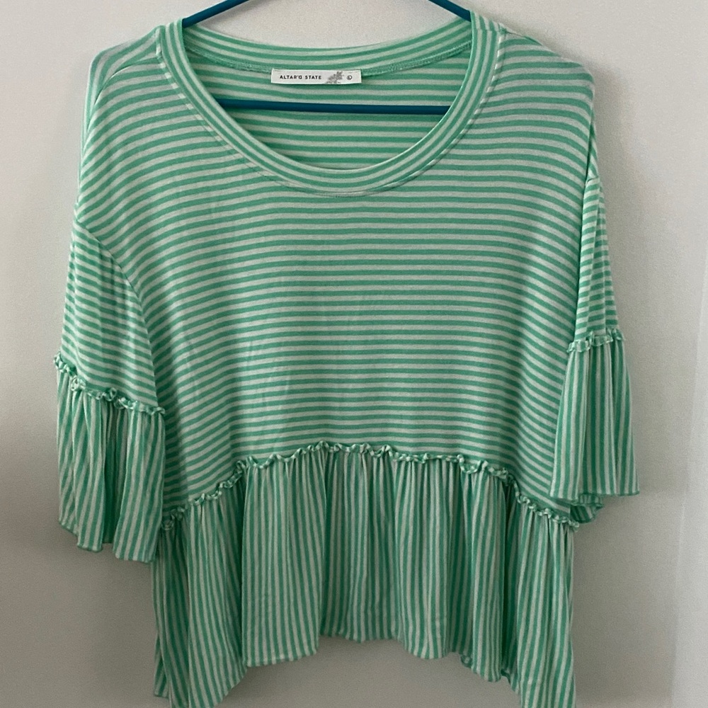 Altar'd State Mint Striped Ruffle Blouse